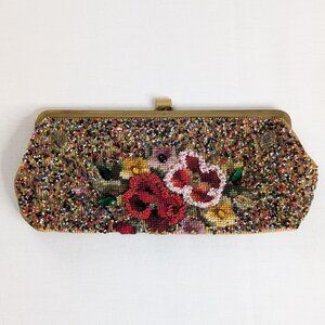 VTG Beaded Floral Soure Clasp Closure Clutch Top Closure Bag